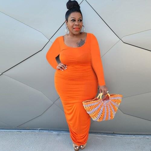 Pink Orange Green High Waist Shirring Long Maxi Dress Office Lady Low Neck Long Sleeve Plus Size Dress for Women XL-4XL 2021