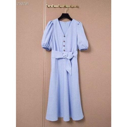 2021 New Arrival Summer Runway Women Elegant Midi Dress Short Sleeve Belt Female Fashion Chic Vestidos