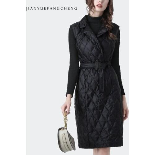 2020 Winter New Women Down Dress Sleeveless Knee-Length Black Slim Duck Down A-Line Long Dresses With Belt Elegant Casual Dress