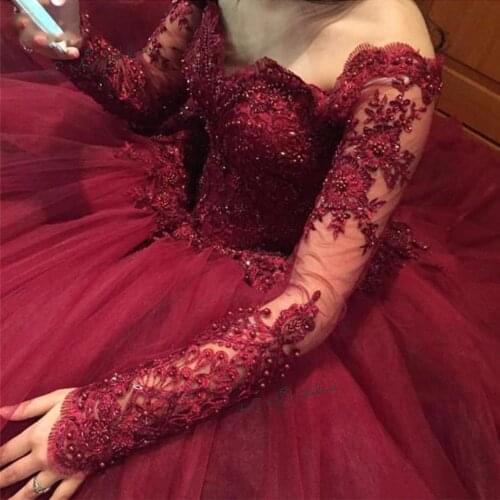 Vintage Dark Red Wedding Dresses Turkey Long Sleeve Lace Wedding Gowns Pearls Robe de Mariee Buttons 2020 Bridal Dress