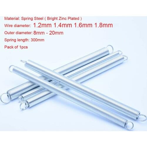 1Pcs Length 300mm Spring Steel Dual Hook Tension Extension Spring Bright Zinc Plated Wire Dia 1.2mm 1.4mm 1.6mm 1.8mm
