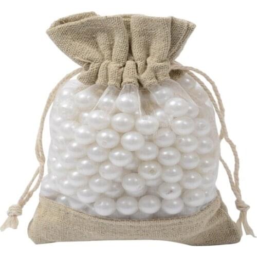 200pcs/lot FAST 10*15cm Cotton Burlap Bag With 2 sides Clear PVC Window Jewellery beads Drawstring Pouch Wedding gift bags F04