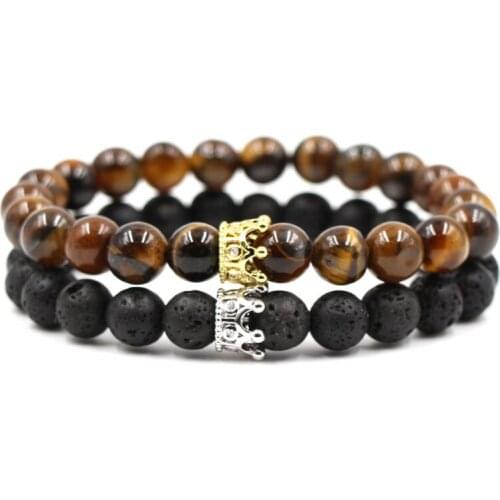8mm 2PCS/Set xg3 elastic adjusted nature black stone volcanic lava bead micro pave cz zircon cubic zirconia Crown Bracelet