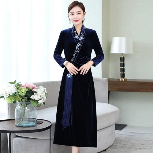 Velvet Long Traditional Chinese Dress Qipao Embroidery Cheongsam Vintage Elegant Ao Dai Dress Vestido Oriental Dress 11756