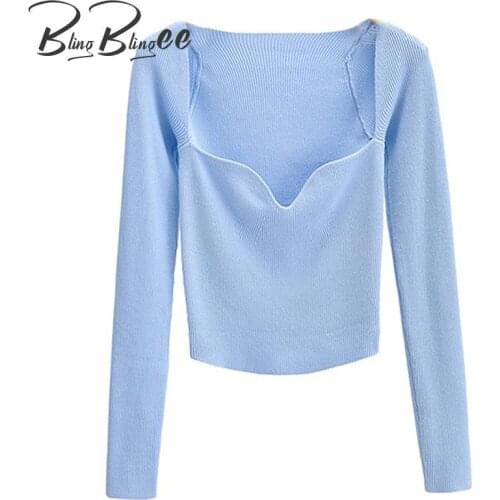 BlingBlingee 2021 Ladies Pure Color Thin Sweater Long Sleeve Elegant Office Ladies knitted Pullover Top Heart Neck Dropshipping