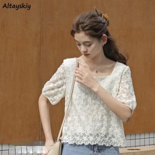 Blouses Women College Lovely Lace Retro Chic Ins Square Collar Girls Tops Vintage Half Sleeve Summer Basic Ladies Streetwear New