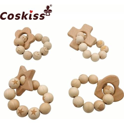 Baby Teether Bracelet Beech Wooden Animal Natural Teething Grasping Toy Silicone Bead Toddler Teether Newborn DIY Baby Gift