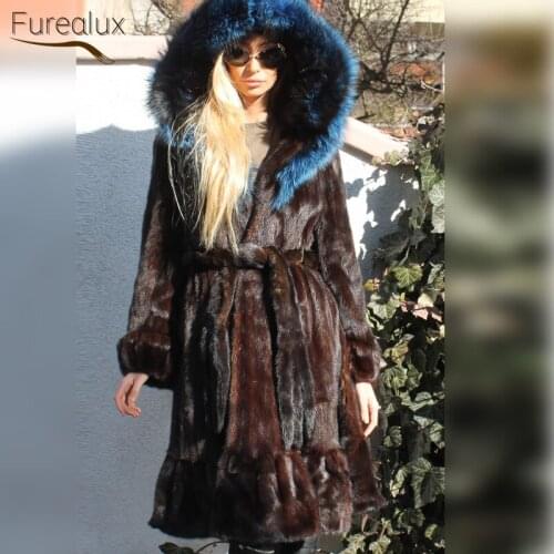 FUREALUX Natural Real Fur Coat Fox Fur Collar Winter Womens Warm Retro Full Leather Complete Handmade Clothing 2021 New Trend