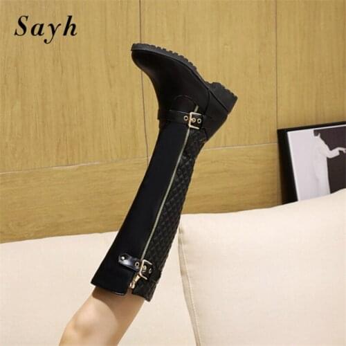Classic Winter Woman Knee High Boots Round Toe Zipper Rivet Casual Buckle Riding Bootie Pu Leather Warm Shoes Black Size