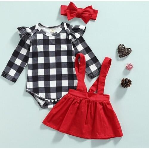 FOCUSNORM 0-24M Newborn Baby Girl 3pcs Clothes Sets Long Sleeve Plaid Romper Tops Suspender Skirt Headband Outfits Autumn Xmas