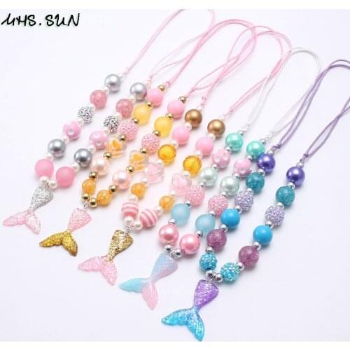 MHS.SUN Girls Chunky Beads Necklace Cute Mermaid Tail Pendant Kids Child Adjustable Rope Necklace Handmade Gift For Baby Gifts