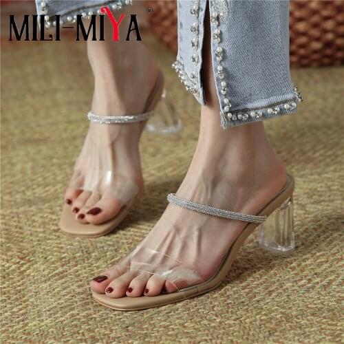 MILI-MIYA High Quality PVC Transparent Rhinestone Sandals Fashion Sexy Peep Toe Women Slippers Clear Square Heels Dress Shoes