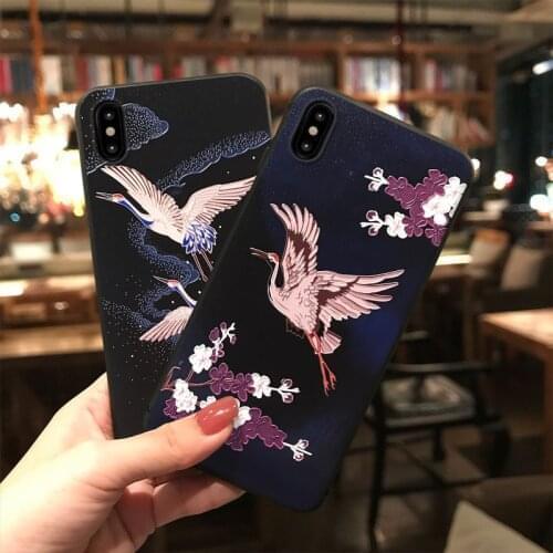 Japan style 3D Emboss Phone Case for iPhone 11 12 Pro MAX XS MAX XR Soft Deforme Flying Crane Cover for iPhone 8 7 6 Plus X Capa