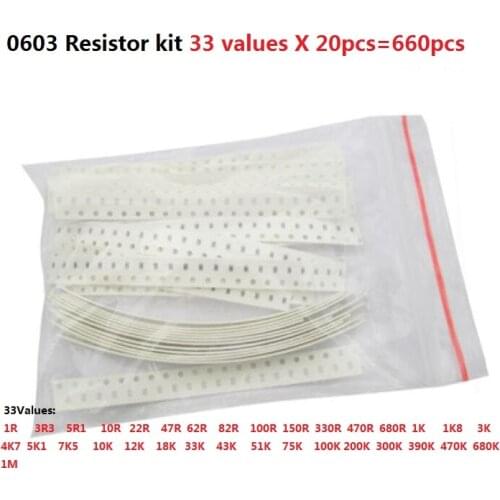 Free shipping 0603 SMD Resistor Kit Assorted Kit 1ohm-1M ohm 5% 33valuesX 20pcs=660pcs Sample Kit