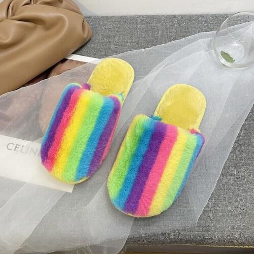 Women 2021 New Autumn and Winter Indoor Luxury Colorful Fuzzy Slippers Female Fluffy Flip Flops Ladies Soft Plush House Slipper
