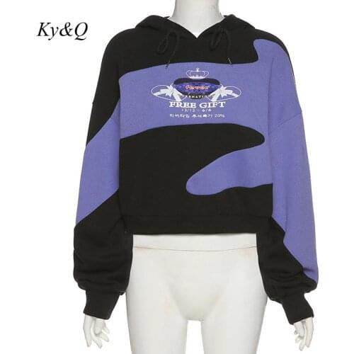 Autumn Winter Y2K Long Sleeve Hooded Drawstring Purple Black Block Patchwork Color Matching Letter Printed Loose Fitting Sweater