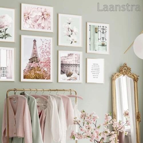 Paris Tower Balcony Peony Dahlias Magnolias Flower Nordic Poster Wall Art Print Canvas Painting Decor Pictures for Living Room