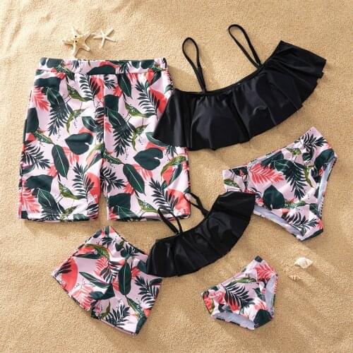 PatPat 2021 New Summer Ruffled Leaves Print Matching Swimsuits Family Look