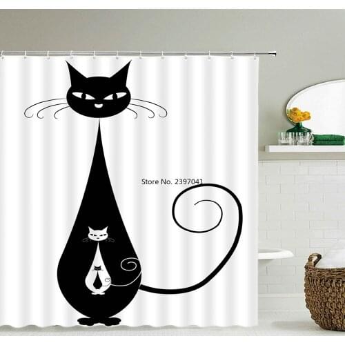 Cat Print Shower Curtain Waterproof 3D Cartoon Black and White Cute Funny Cat Bathroom Curtains with 12 Hooks Home Decoration