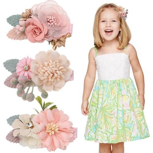 Oaoleer 3Pcs 3"Baby Flower Hair Clips Sweet Artificial Floral Mesh Rose Pearl Hairpins For Girls Kids Hairgrips Hair Accessories