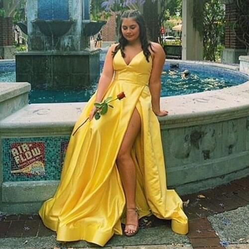 Yellow Long Prom Dress Spaghetti Straps A Line Plus Size Evening Party Gowns with High Slit and Pockets