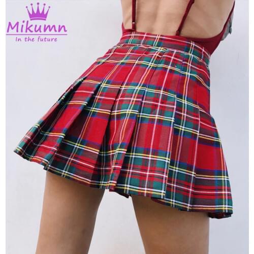 Harajuku Punk Style Women Cute Green Red Plaid High Waist Pleated Mini Skirts Girls Streetwear Fashion Short Skirts