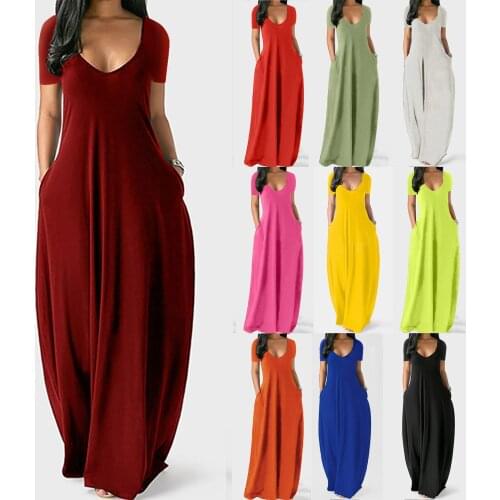 Women Solid Maxi Dress Summer Fashion Short Sleeve V-neck Oversized Dress Female Casual High Waist Robe Vestidos Plus Size 5XL