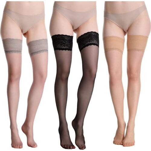 Women Sheer Sexy Stockings Antiskid Silicone Lace Top Thigh High Stockings Over The Knee Socks Party Nightclub Wear 30D Thick