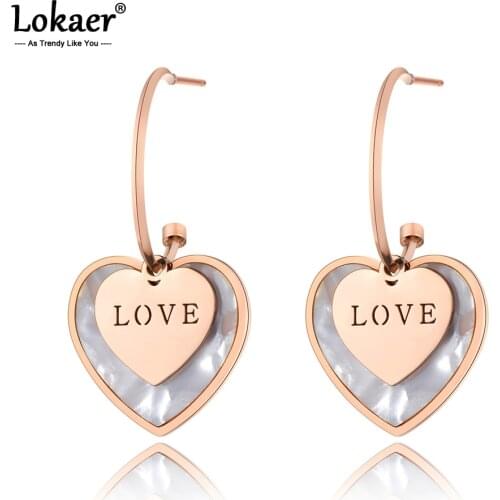 Lokaer Trendy Titanium Steel Love Double Heart Stud Earrings For Women Girl Office Rose Gold White Shell Earrings Jewelry E19181