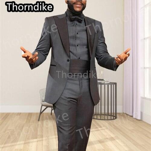 Thorndike Hot Sale Groom Tuxedo Grey Best Man Suit Peaked Lapel Groomsman Men Wedding Suit Terno Masculino (Jacket+Pants+Girdle)