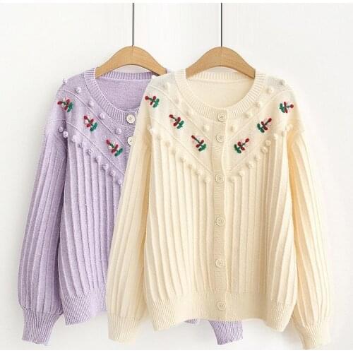 2021 autumn and winter new embroidered cardigan womens loose knit jacket long-sleeved round neck blouse foreign style leisure