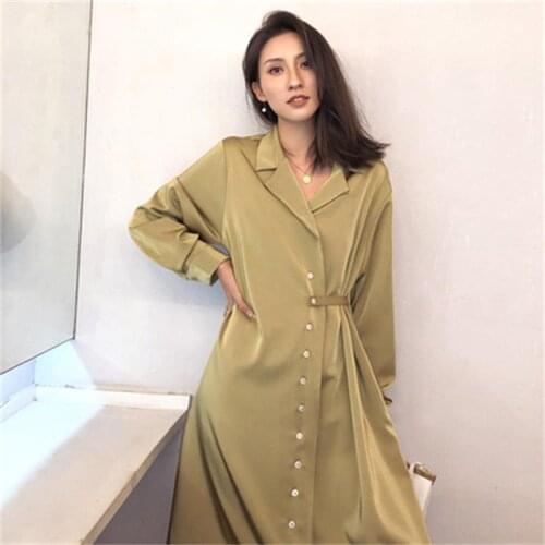 Fashion casual dress female autumn New high quality Champagne satin high waist long sleeve retro ladies fan shirt dress women