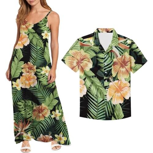 Hycool Custom Fashion Casual Spaghetti Strap Maxi Beach Dress Women Floral Long Loose Plus Size Sleeveless Dress Match Men Shirt