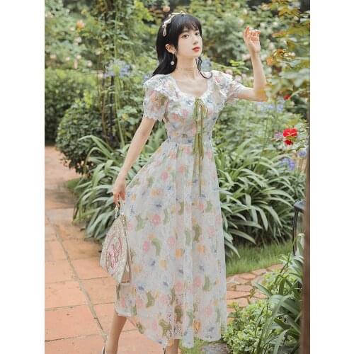 Retro Sweet Temperament Floral Dress Robe Femme Summer French Tea Break Chic Square Neck Elegant Lace Dress Vestidos de fiesta