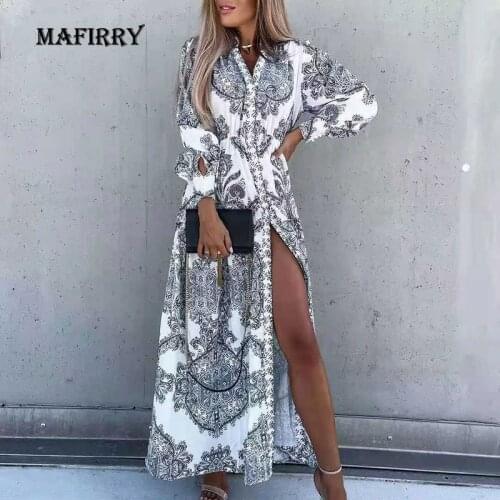 Casual Women Streetwear Retro Print Button Dress Loose V Neck Split Fork Plus Size XXXL Dress Femme Long Sleeve Patchowork Dress