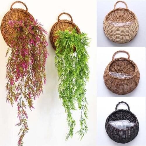 1Pcs Wall Hanging Natural Wicker Woven Flower Basket Planter Rattan Vase Basket Home Garden Wall Decoration Storage Container