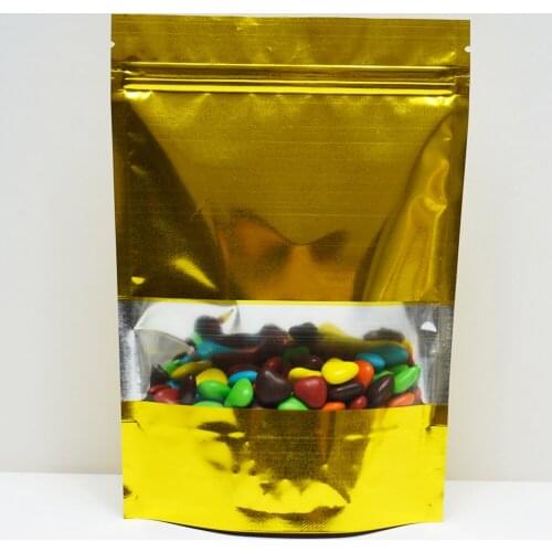 14x20cm,100 X Golden Stand up aluminum zip Lock bag with window, Reclosable Metallic Aluminized foil plastic pouch zipper seal