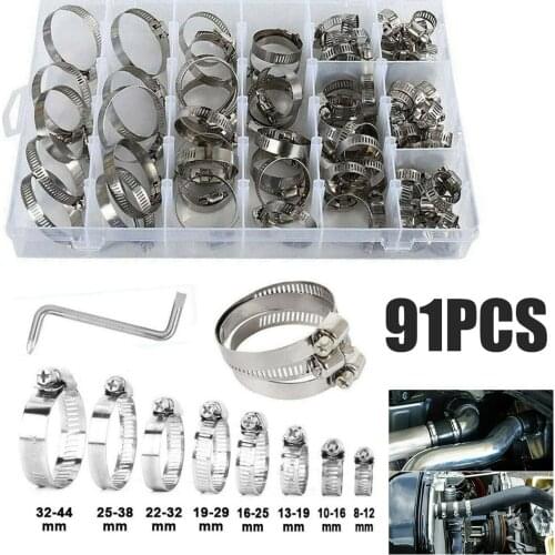 Practical 91pcs 8-44mm Stainless Steel Hose Clamps Clip Worm Gear Pipe Clamp Kit for Securing Hoses Pipe