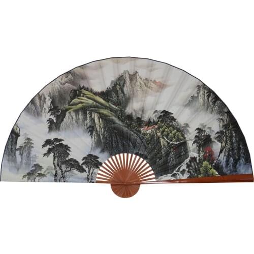 Large Folding Paper Fan Chinese Style Crafts Banboo Frame Background Decorative Fan Hanging Decoration Evening Mountain Tree