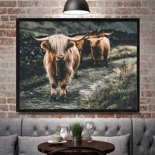 Black and White Highland Cow Cattle Wall Scotland Art Nordic Painting Poster and Print Scandinavian Wall Picture for Living Room