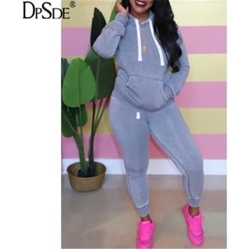 DPSDE Househlod Gray Sprots Two Pieces Women Set Winter Full Sleeve Pocket Casual Top New 2020 Elastic Keep Warm Bodycon Pants