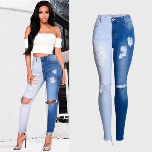 Women Knee Hole Ripped Jeans Trend Two Color Patchwork Tangada Jean Trousers Plus Size Stretch Slim Skinny Pencil Denim Pants