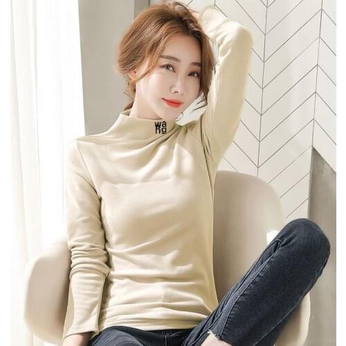 European Thickened Double-sided Velvet Brushed Half-high Collar Slim Bottoming Shirt Womens Autumn Winter Long-sleeved T-shirt