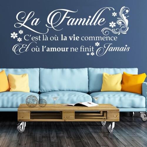 French "Family Where Life Begins" Quote with Flowers Wall Saying Sticker DIY Art DecalS Living Room Decoration Removable Vinyl