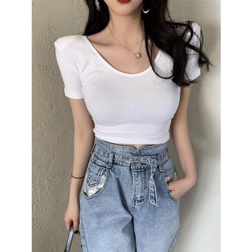 Summer New Short Sleeve T-Shirt Tight O-Neck Womens T-Shirt White black Short Style T-Shirt