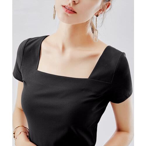 Women T shirts 2021 Summer Solid Basic Square Neck Short Sleeve Tshirt Famale Tees Tops Ladies T Shirts Sexy Clothes Trending