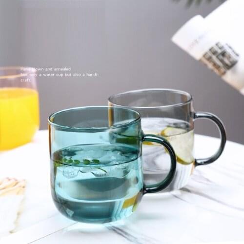 Ins Hot Colourful Glass Coffee Mugs Transparent Green Grey Pink Water Milk Juice Tea Oat Meal Breakfast Cups 350ml Heat Resist