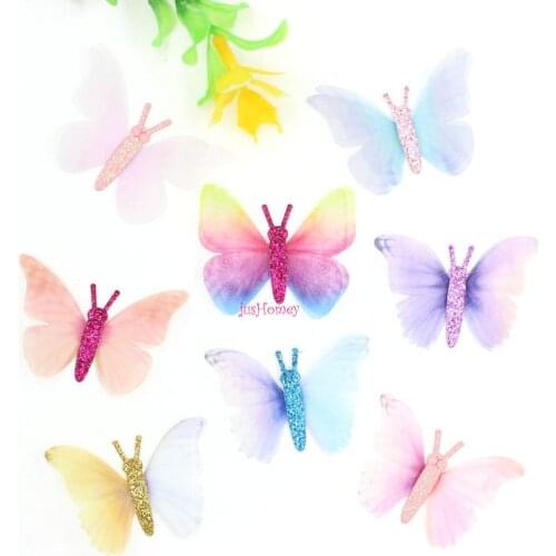 56PCS Gradient Glitter Organza Fabric Butterfly Appliques 45mm Translucent Chiffon Butterfly for Party Decor, Doll Embellishment