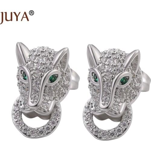Juya Fashion Leopard Earrings Copper Metal Zircon Crystal Earrings for Woman Man Earring Accessories Animal Stud Brincos