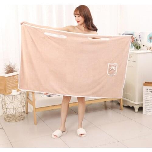 Coral Velvet Bath Skirt Soft and Thick Absorbent Lovely Bow Pocket Beach Towel Wearable Strapless Bathing Dress